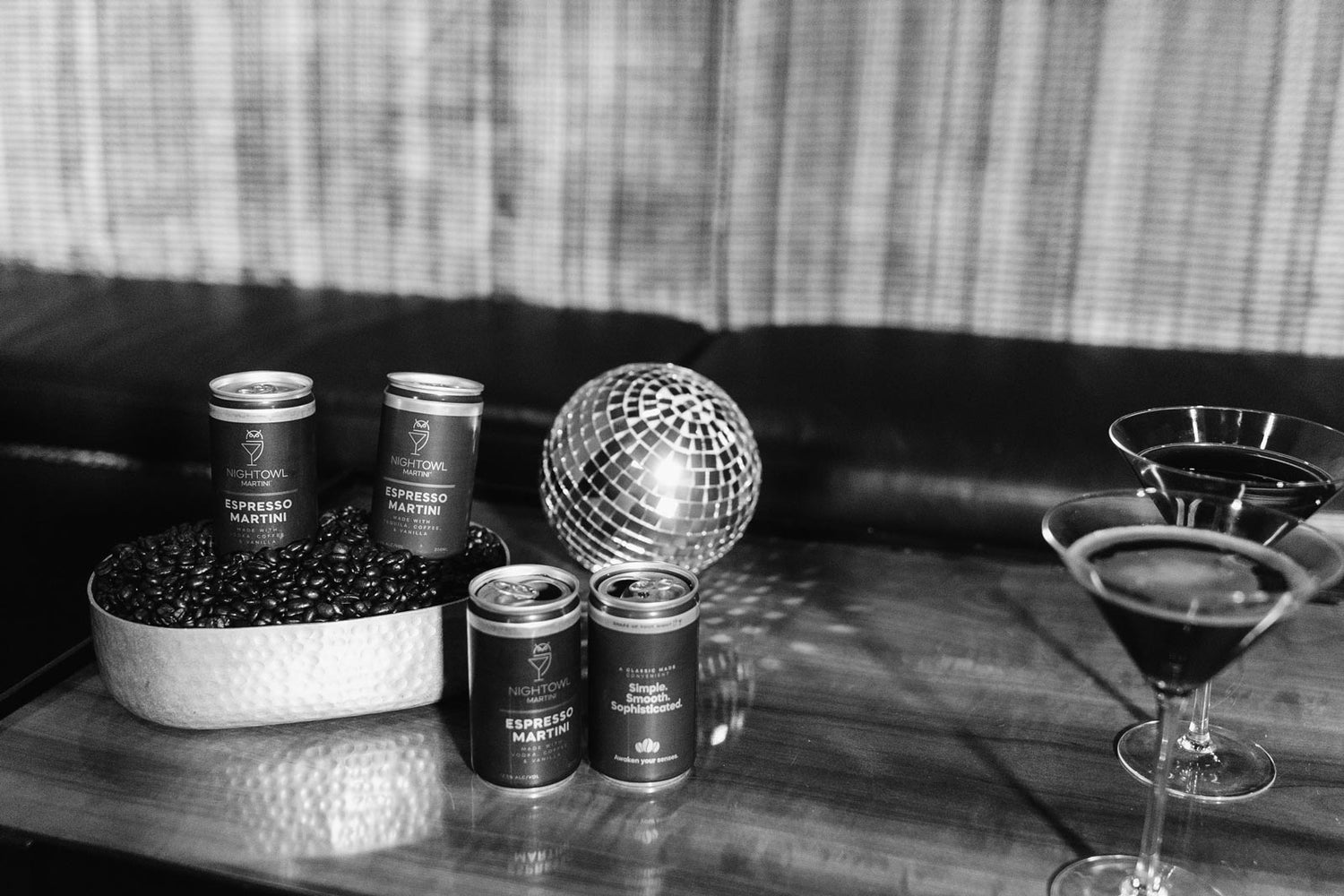 NightOwl Martinis in cans and poured into glasses